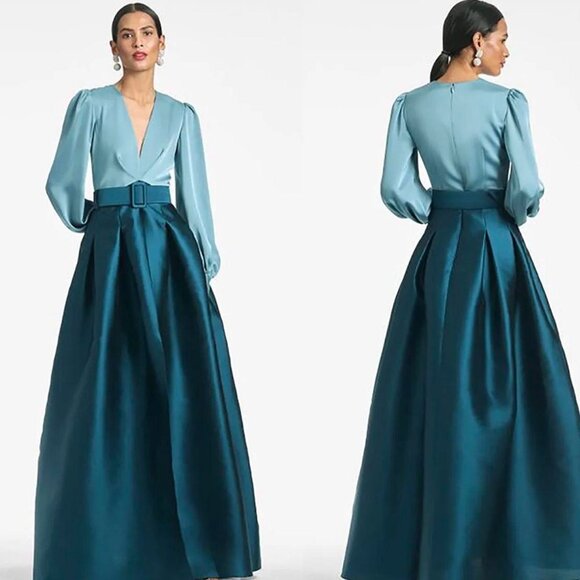 Sachin + Babi Dresses & Skirts - Sachin & Babi Seaglass Teal Zoe Long Sleeve Mikado Gown Less Belt